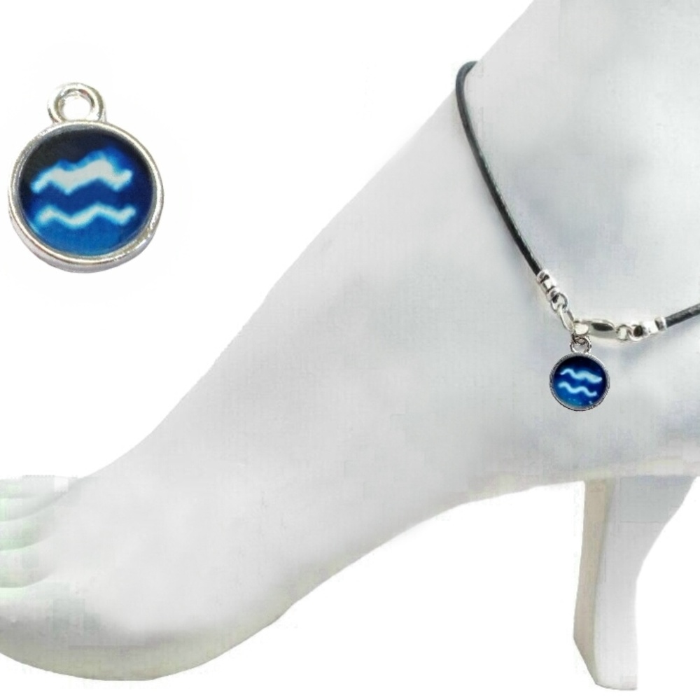 Black Leather Anklet ~  Aquarius Zodiac Sign